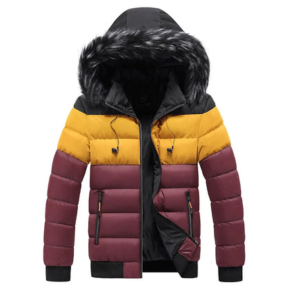 Men's Color Block Padded Winter Jacket with Fur Hood | Ideal for Autumn/Winter