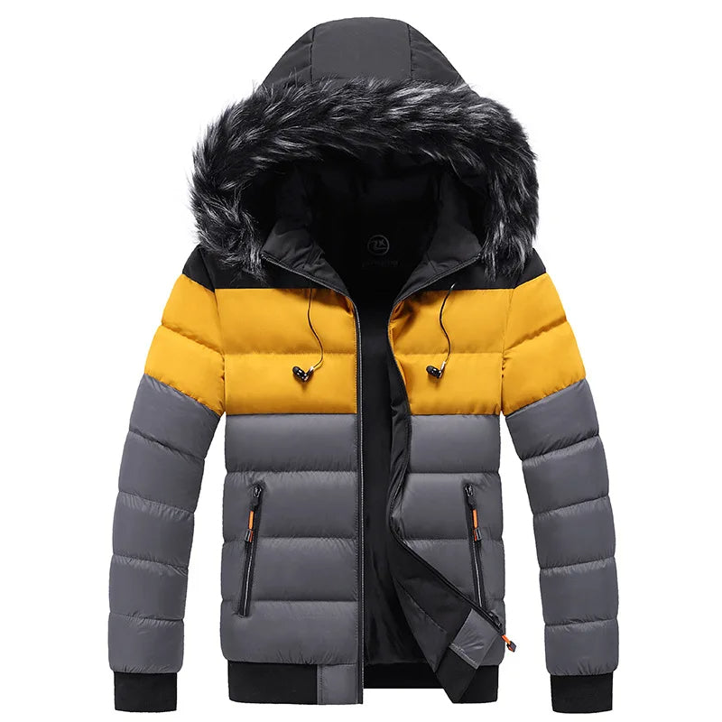 Men's Color Block Padded Winter Jacket with Fur Hood | Ideal for Autumn/Winter