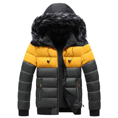 Men's Color Block Padded Winter Jacket with Fur Hood | Ideal for Autumn/Winter